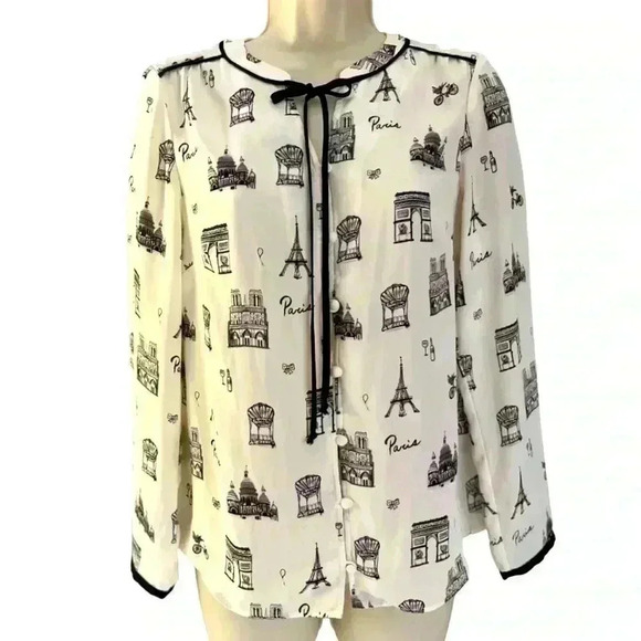 Talbots Paris Print Tie Front Blouse Ivory and Black Small Petite - Picture 3 of 9